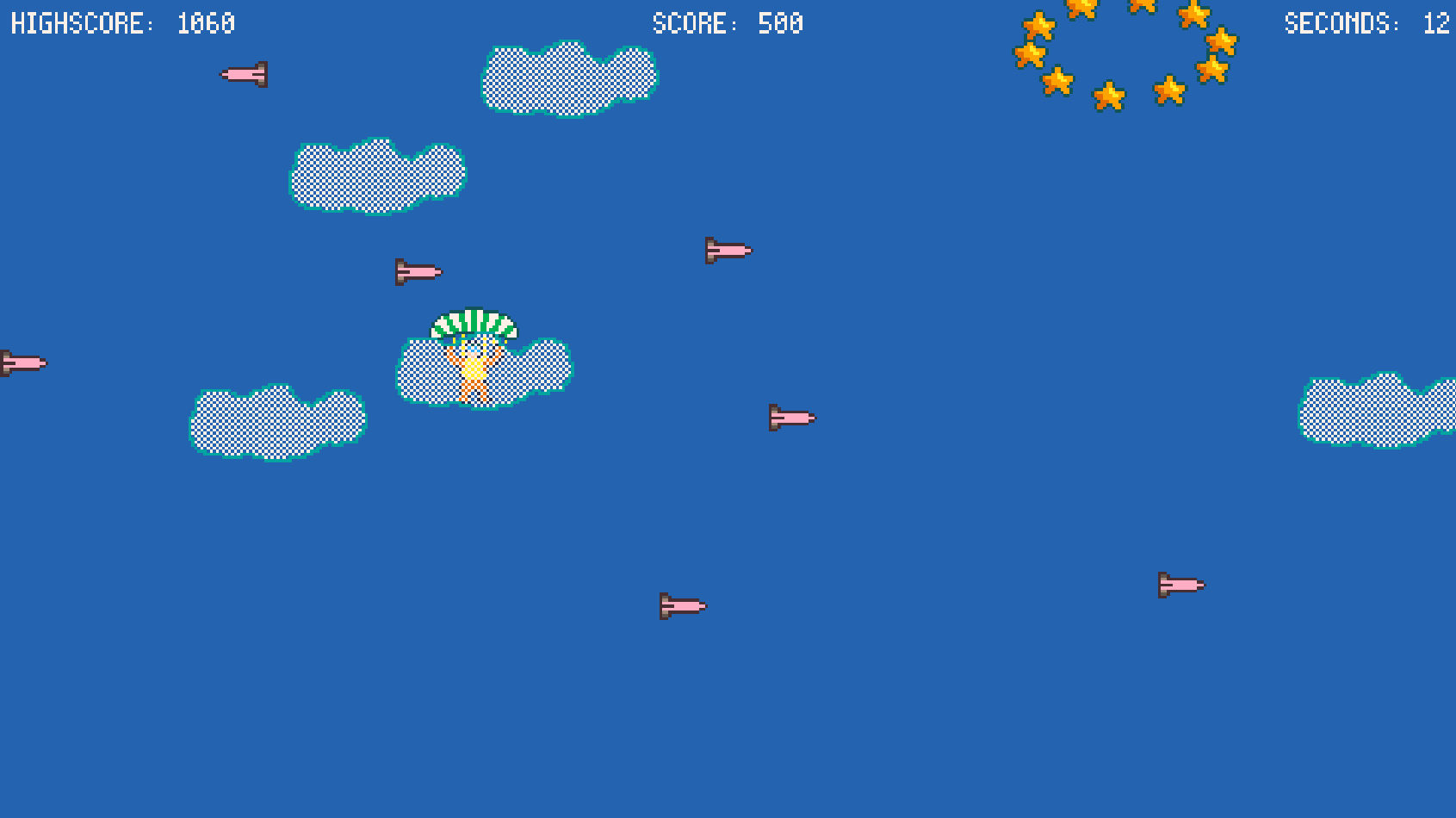 Although Picotron doesn't allow transparency per se the player is partly visible behind a cloud thanks to dithering.